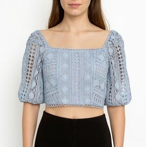En Saison Blue Crochet Lace Crop Top XS